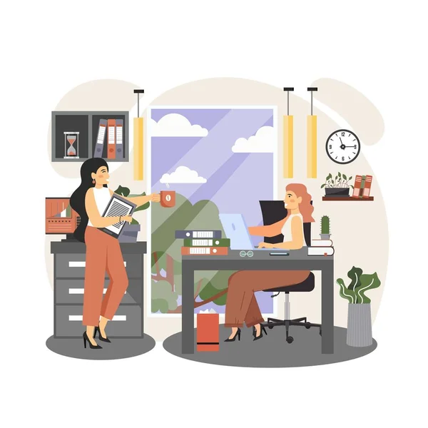 Kontorsfolk livsstil. Två affärskvinnor tar kaffepaus, vektor platt illustration — Stock vektor