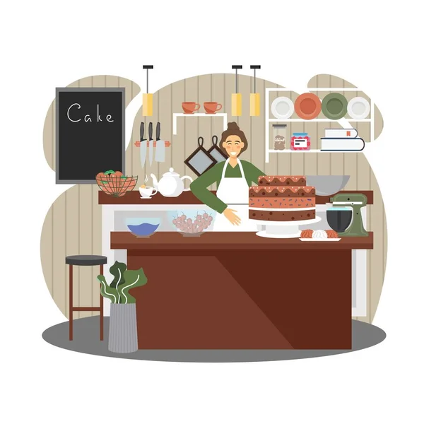 Kvinna bagare som säljer bakverk söta desserter i bageriet butik, vektor platt illustration — Stock vektor