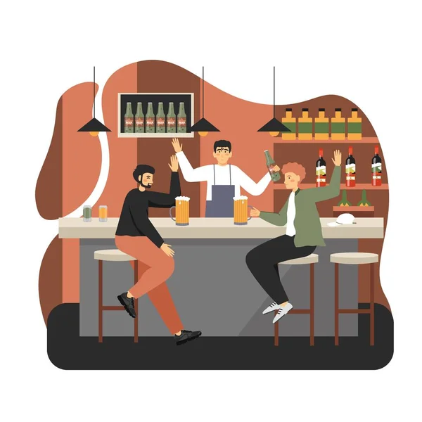 Два молодых человека сидят за барной стойкой и пьют пиво в кафе, пабе, векторной плоской иллюстрации — стоковый вектор