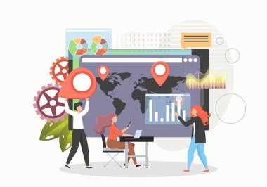 İstatistik analistleri profesyonel ekip istatistik veri tablolarını ekranda, vektör düz illüstrasyonda analiz ediyor