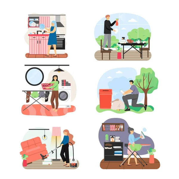 Nettoyage entreprise personnel femme de ménage, collecteur d'ordures homme, équipement de nettoyage de maison, illustration isolée vecteur plat — Image vectorielle