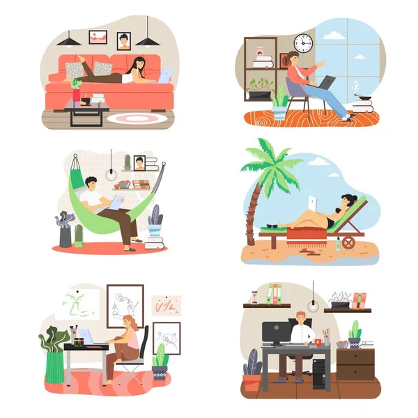 Personas independientes que trabajan en el ordenador desde la oficina en casa, playa, juego de personajes de dibujos animados, vector plano ilustración aislada — Vector de stock