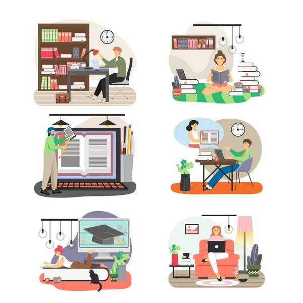 Persone che studiano a casa, in biblioteca pubblica, illustrazione isolata vettoriale piatta. Apprendimento online, istruzione a distanza. — Vettoriale Stock