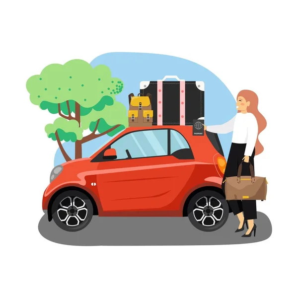 Viaje en coche, viaje por carretera, vacaciones de verano. Mujer joven viajando en coche, ilustración vectorial plana — Archivo Imágenes Vectoriales