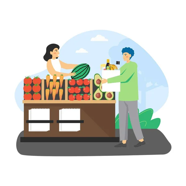 Местный продовольственный рынок. Человек, эколог, покупающий органические фрукты и овощи на фермерском рынке, плоские векторные иллюстрации. — стоковый вектор