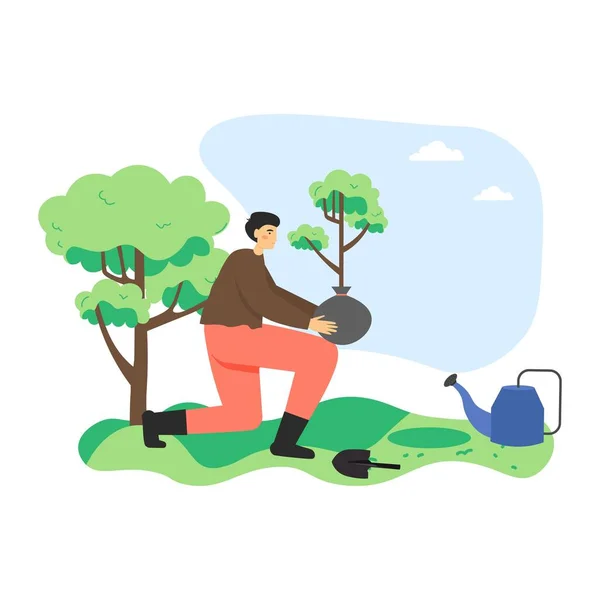 Man ecoloog, vrijwilliger planten boom in stadspark, vlakke vector illustratie — Stockvector