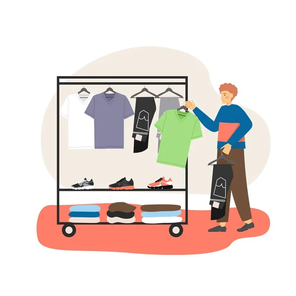 Male character choosing t-shirt and jeans in mens clothing store, flat vector illustration. — Stock Vector