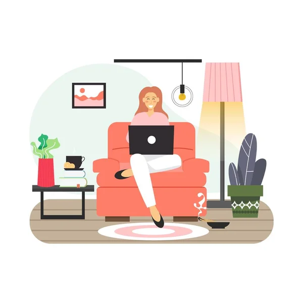 Mujer joven estudiando desde casa. Chica sentada en sillón con ordenador portátil, vector plano ilustración. — Vector de stock