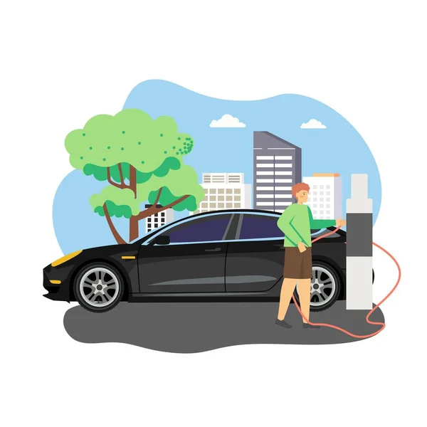 Stacja ładowania pojazdów elektrycznych. Mężczyzna ładuje swój elektryczny samochód, płaski wektor ilustracji — Wektor stockowy