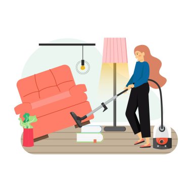 Genç bir kadın oturma odasını elektrik süpürgesi, yer temizleyicisi ve düz vektör çizimi ile temizliyor. Ev temizlik hizmetleri.