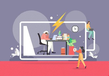 Ofiste bilgisayarla çalışan, yorgun ve düşük enerjili bir kıza kahve veren bir kadın, düz vektör çizimi.