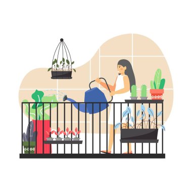 Balkon bahçıvanlığı. Genç bir kadın, bahçıvan balkonda çiçek suluyor, düz vektör çizimi.