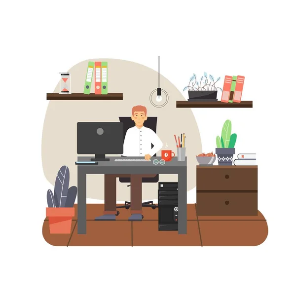 Joven, freelancer trabajando en la computadora de la oficina en casa sentado en la mesa, ilustración de vector plano — Vector de stock