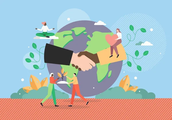 Weltfrieden. Planet Erde Globus mit multiethnischem Händedruck, flache Vektorillustration. — Stockvektor