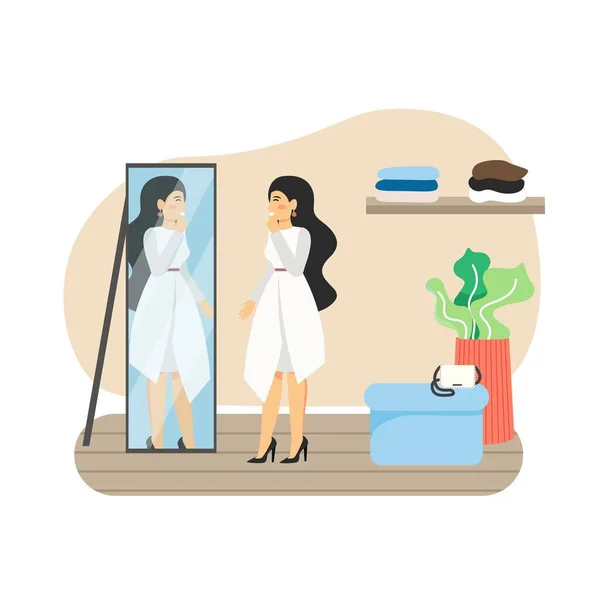 Brunetka kobieta próbuje na białej sukni przed lustrem w butiku mody, płaski wektor ilustracji. — Wektor stockowy