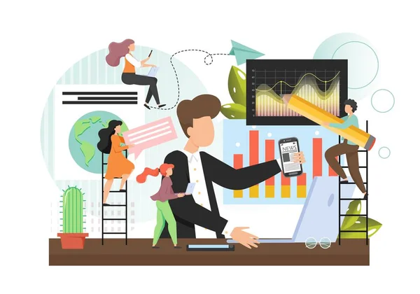Office people, team professionals working together, analysis finance graph, flat vector illustration. — Stockový vektor