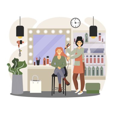 Kuaför salonu. Profesyonel kuaför ve stilist müşterisinin saçını yapıyor, düz vektör çizimi.