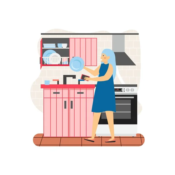 Młoda kobieta zmywarka do naczyń w kuchni, płaski wektor ilustracji. Usługi sprzątania i zmywania naczyń. — Wektor stockowy