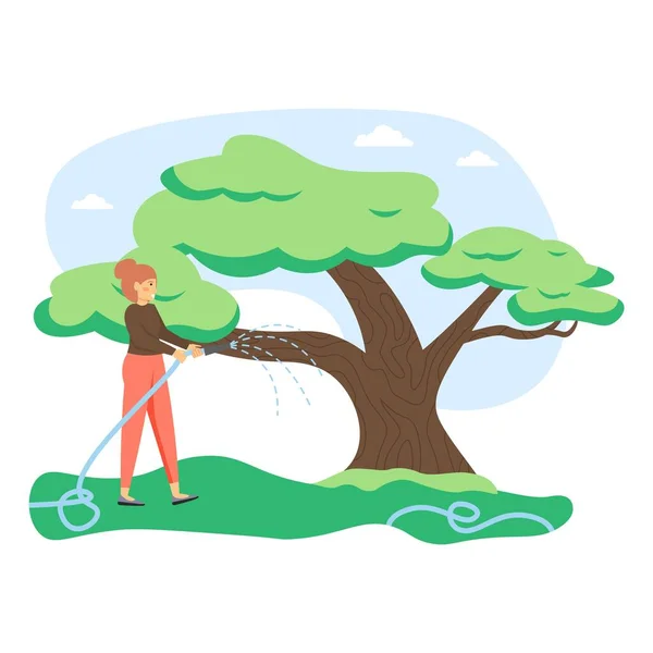 Ung kvinna, trädgårdsmästare vattning träd med vattenslang, platt vektor illustration — Stock vektor