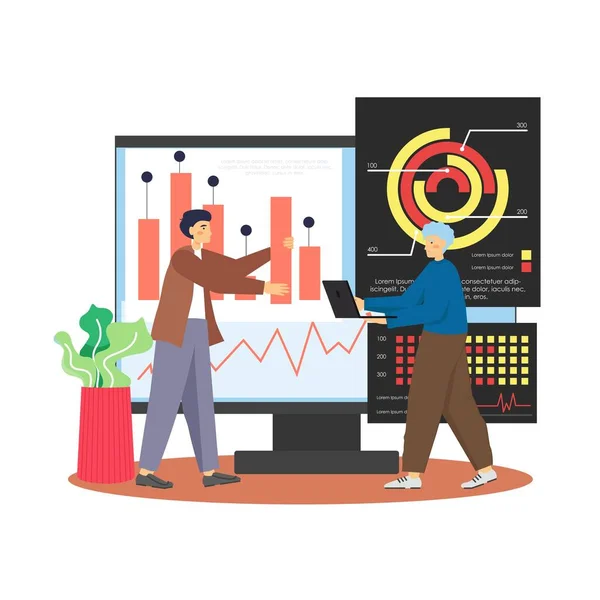 Scena biurowa z ludźmi biznesu pracującymi nad deską rozdzielczą budynku komputera, analizującymi statystyki, ilustracją wektora płaskiego — Wektor stockowy