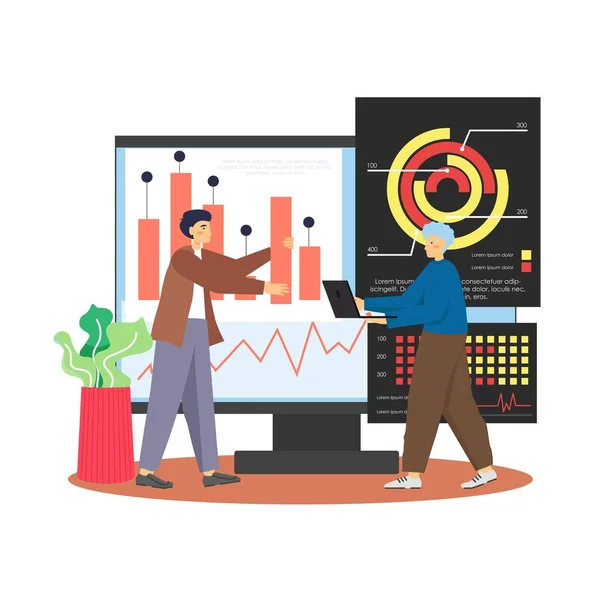 Scène de bureau avec des hommes d'affaires travaillant sur le tableau de bord du bâtiment informatique, analyse des statistiques, illustration vectorielle plate — Image vectorielle