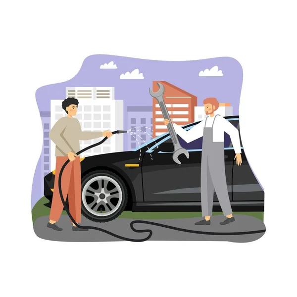 Pria bahagia pemilik mobil dan memperbaiki pengemudi, mencuci mobilnya dengan selang air, ilustrasi vektor datar - Stok Vektor