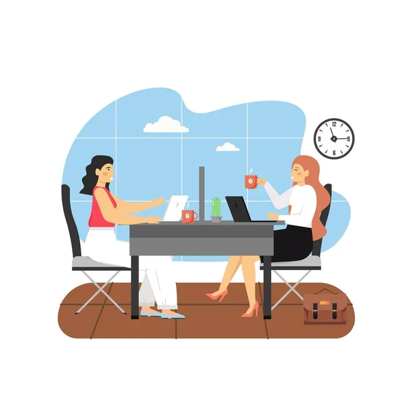 Office scene with modern workplace, two women working together and drinking coffee, flat vector illustration — Stock Vector