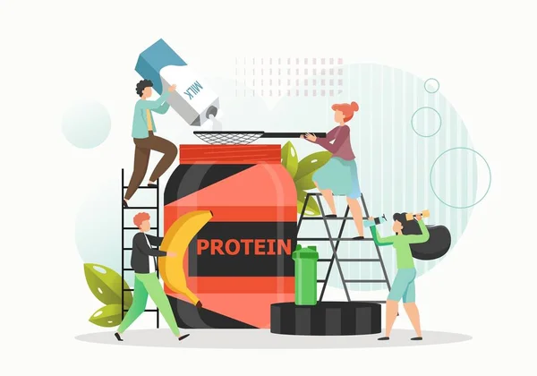 Små personer som gör vassleproteinpulver för att bygga muskler, viktminskning, platt vektor illustration — Stock vektor