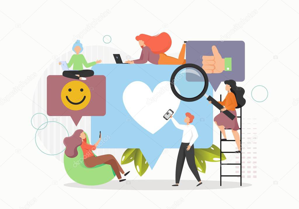 Young people collecting and providing social media likes, comments to others, flat vector illustration
