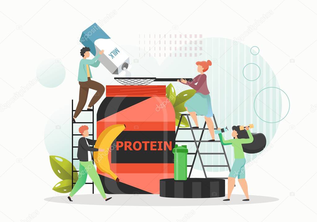 Tiny people making whey protein powder for building muscle, weight loss, flat vector illustration