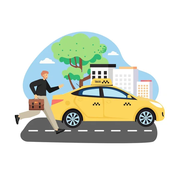 Επιχειρηματίας με χαρτοφύλακα προσπαθεί να πιάσει κίτρινο ταξί, επίπεδη διανυσματική απεικόνιση — Διανυσματικό Αρχείο