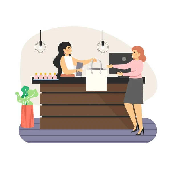 Contador de tiendas. Mujer feliz de compras en la tienda de moda, ilustración de vector plano — Archivo Imágenes Vectoriales