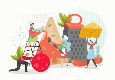 Şef şapkalı küçük insanlar peynirli, domatesli, biberli, düz vektör resimli dev pizzalar yapıyorlar..