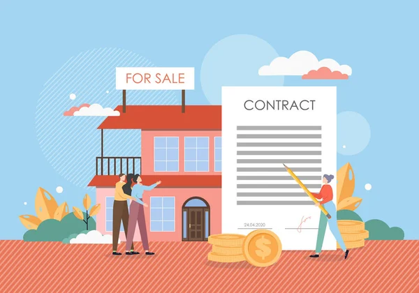 Heureux couple familial achetant une nouvelle maison, signant un contrat avec un agent immobilier, illustration vectorielle plat. — Image vectorielle