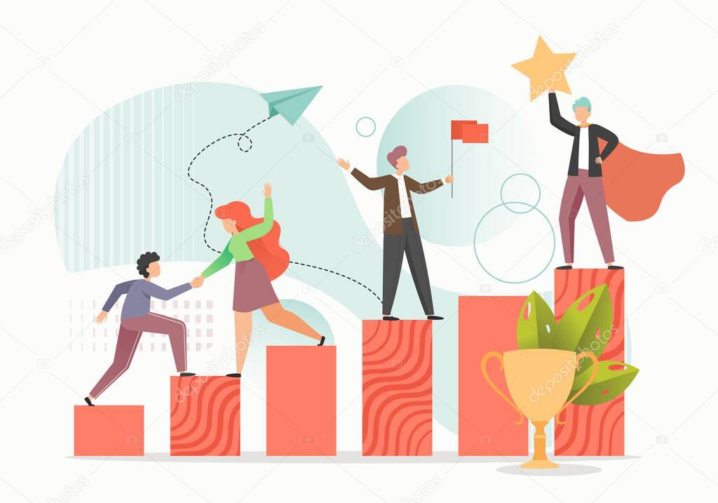 Business team male and female cartoon characters climbing up rising bar graph to reach goal, flat vector illustration