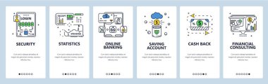 Bütçe takibi, mali kontrol. Çevrimiçi bankacılık, tasarruf hesabı. Mobil uygulama ekranları, vektör web sitesi pankart şablonu.