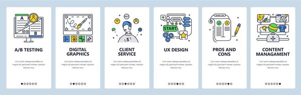 Design thinking process. Digital graphics ab testing customer service. Mobile app screens vector website banner template