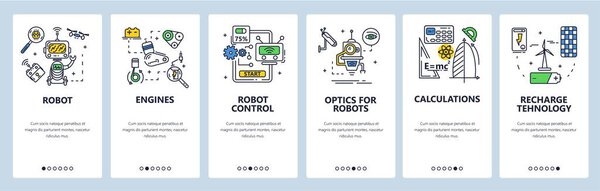 Robotics technology. Engines, optics for robot intelligent machine. Mobile app screens, vector website banner template.