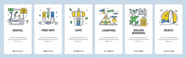 Açık havada yaz kampı aktivitesi. Kamp alanı, çadır, kablosuz internet, kafe. Mobil uygulama ekranları, vektör web sitesi pankart şablonu.