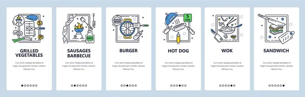 Aulas de culinária virtual. Telas de onboarding de aplicativos móveis, modelo de banner de site vetorial. — Vetor de Stock