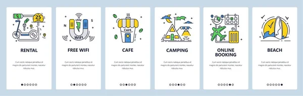 Zomer camping buitenactiviteiten. Camping met tenten, wifi, cafe. Mobiele app schermen, vector website banner template. — Stockvector