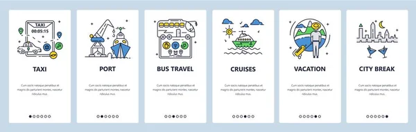 Férias. Viagens de autocarro, cruzeiros aquáticos, férias na cidade. Telas de onboarding de aplicativos móveis, modelo de banner de site vetorial. — Vetor de Stock