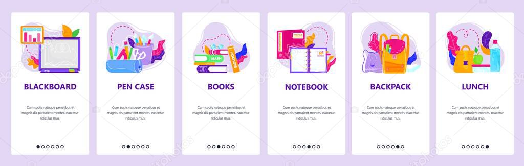 School stationery, blackboard, backpack, school lunch supplies. Mobile app screens, vector website banner template. — Stock Illustration School stationery, blackboard, backpack, school lunch supplies. Mobile app screens, vector website banner template. Royalty Free Stock Vectors