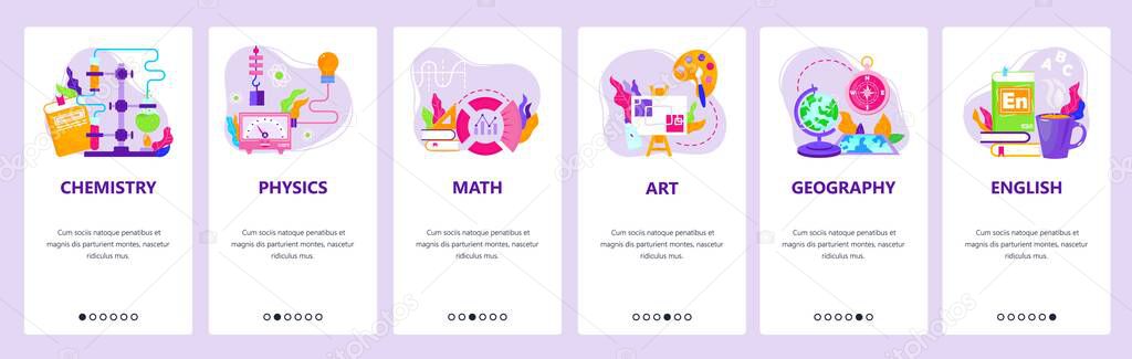 Study subjects chemistry, physics, math, art, geography, english. Mobile app screens, vector website banner template.