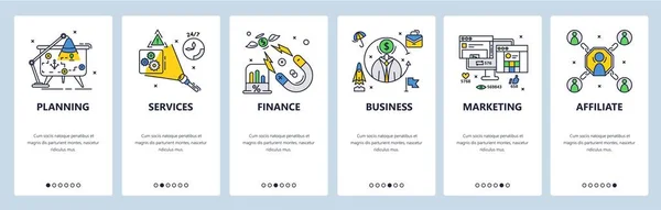 사업 계획, 재정, 서비스 및 마케팅. 모바일 앱 화면, 벡터 웹 사이트 banner template. — 스톡 벡터