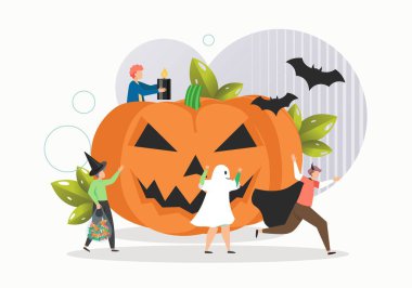 Mutlu cadılar bayramı kutlaması, düz vektör çizimi. Şeker mi şaka mı?.