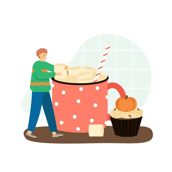 Marshmallow-Getränk und Cupcake mit kleinem Kürbis auf einem Deckel. Heißgetränk-Konzept der Herbstsaison Vektor-Illustration. Eibisch süß — Stockvektor