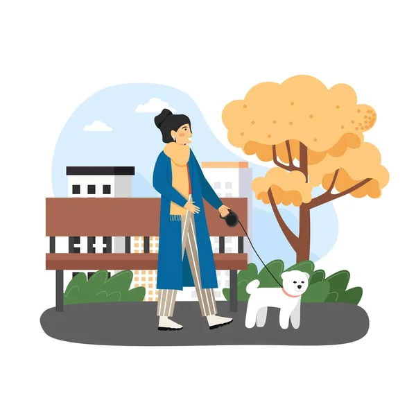 Temporada de outono. Mulher feliz andando com seu cão de estimação no parque da cidade e desfrutando de queda, ilustração vetorial plana. —  Vetores de Stock