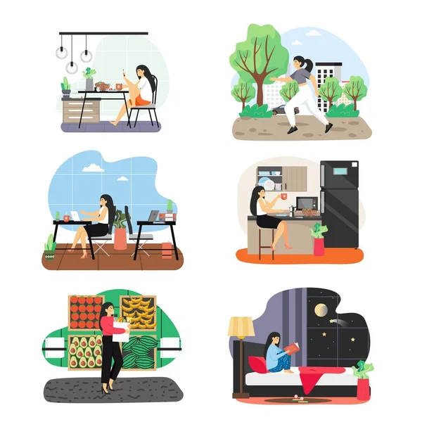 Business kvinna vardag scen set, platt vektor isolerad illustration. — Stock vektor