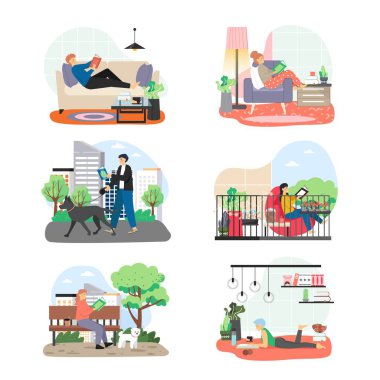 İnsanlar evlerinde, şehir parkında, sokakta, balkonda, düz vektör illüstrasyonunda ilginç kitaplar okuyor..